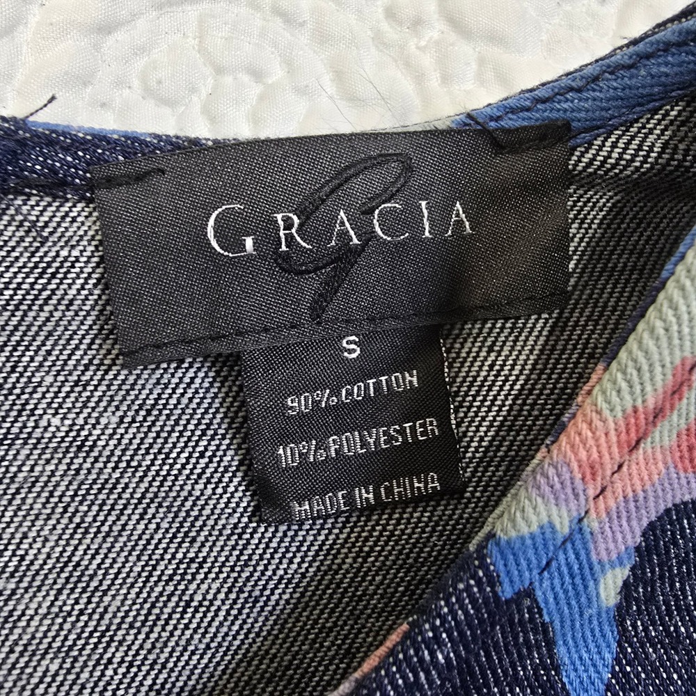 Gracia‎ Denim Peplum Floral Puff-Sleeve Top Small Back Zip Cotton Blend - Picture 4 of 5